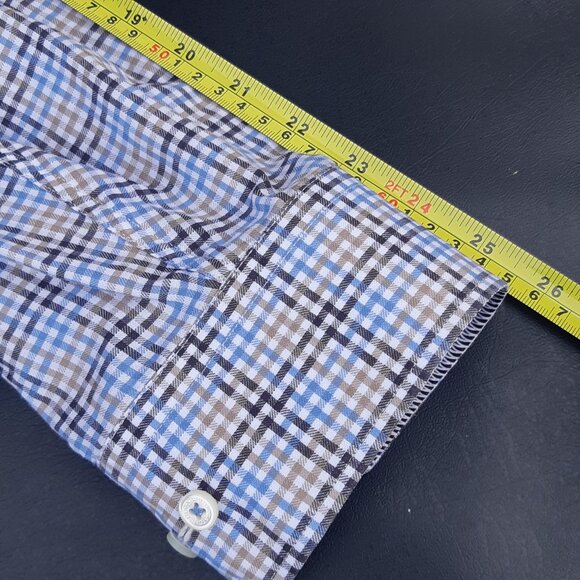 Bugatchi SZ 15.5 Classic Fit Cotton Men's Button Up Shirt- Blue, Tan and White - Picture 12 of 13